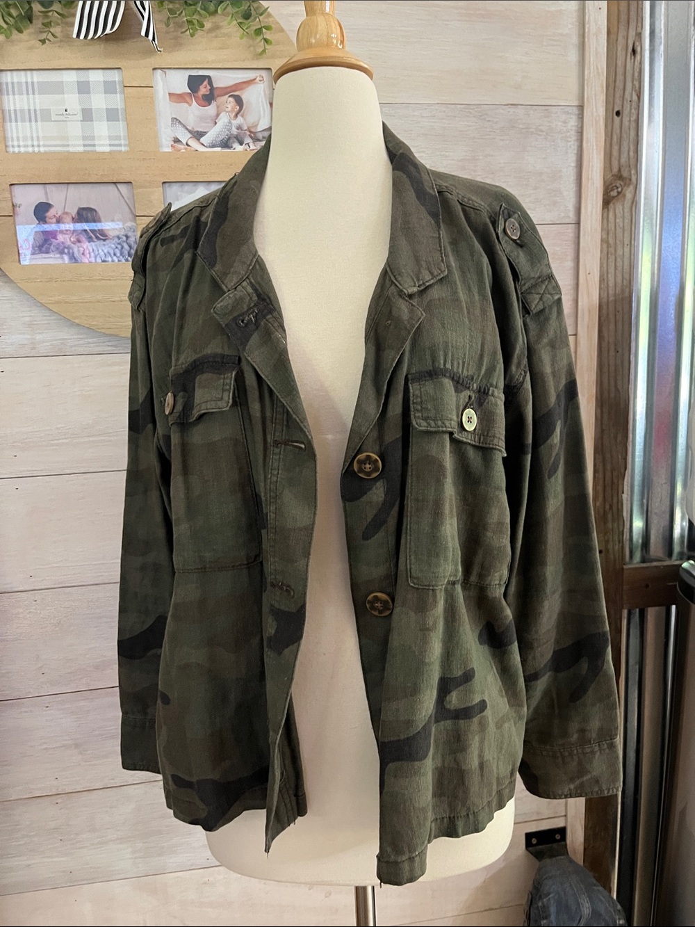 Time and Tru Olive Camo Utility Jacket L